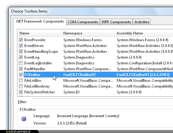 Choose Toolbox Items dialog in ASP.NET